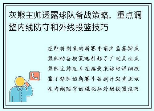 灰熊主帅透露球队备战策略，重点调整内线防守和外线投篮技巧