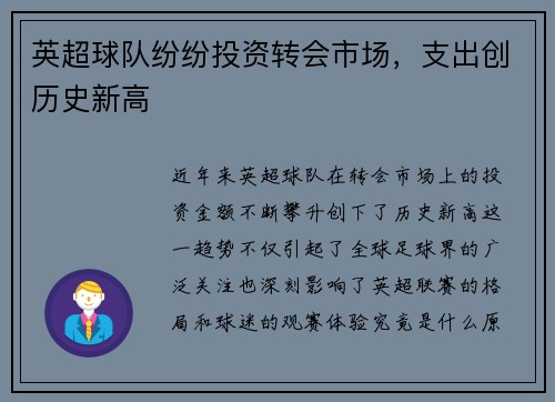 英超球队纷纷投资转会市场，支出创历史新高