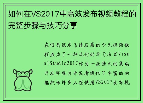 如何在VS2017中高效发布视频教程的完整步骤与技巧分享