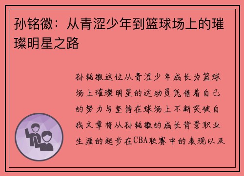 孙铭徽：从青涩少年到篮球场上的璀璨明星之路